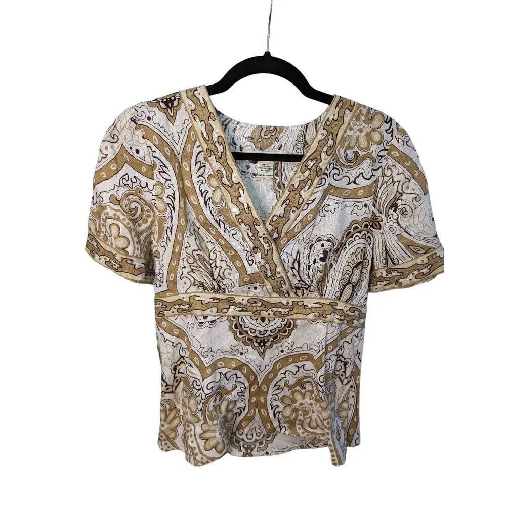 Susan Bristol Printed Short Sleeve Linen Top Women's Size Small